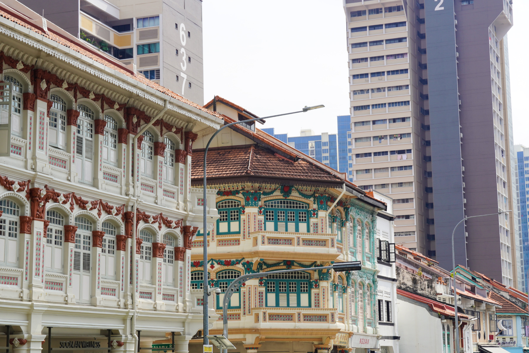 Colonial shophouses against modern buildings, Singapore - Experiencing the Globe