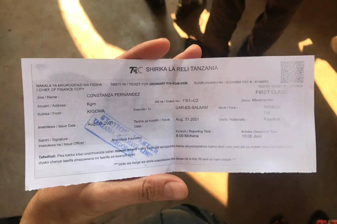 Railway ticket, Central Line train, Kigoma to Dar es Salaam, Tanzania - Experiencing the Globe