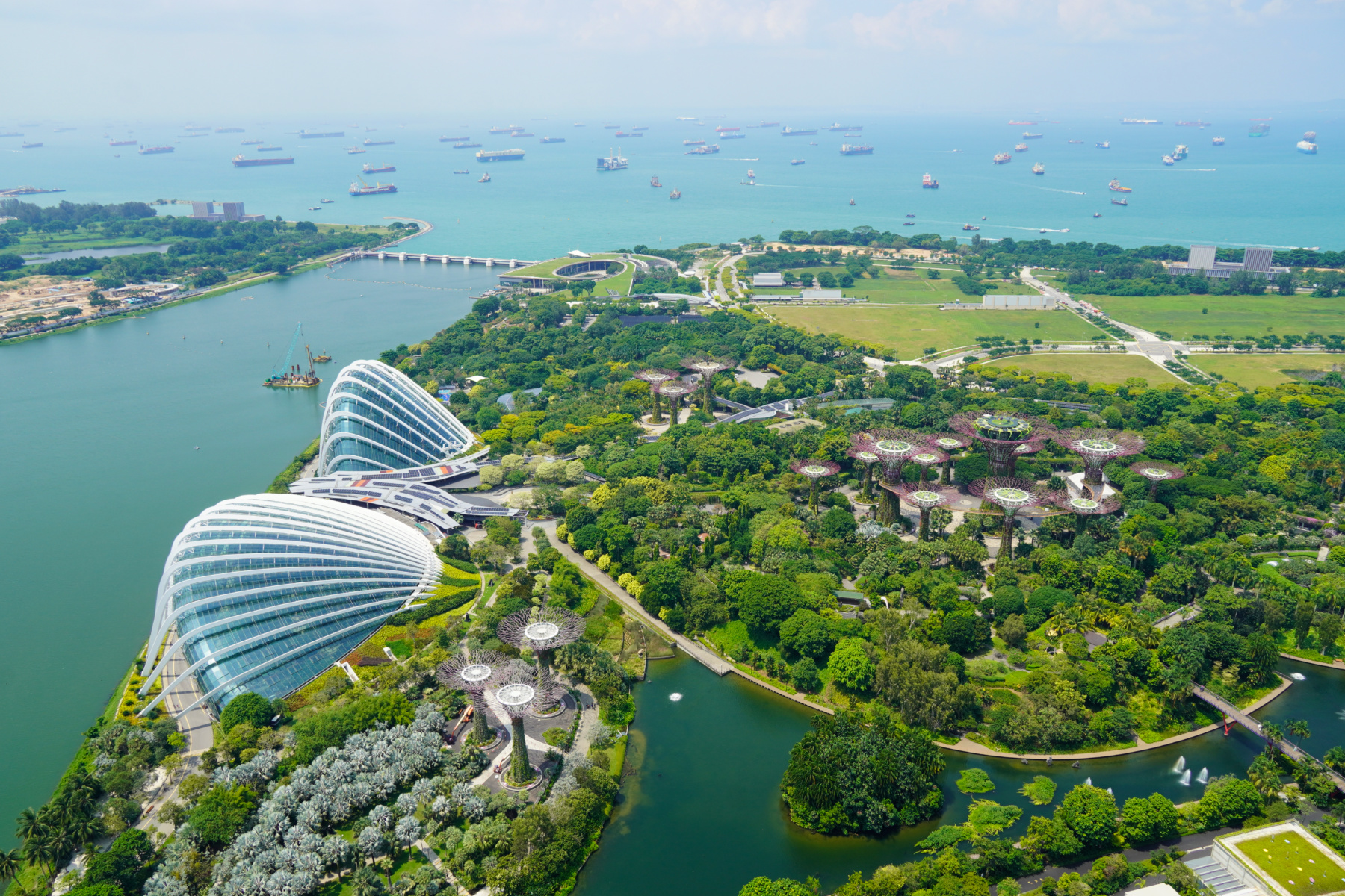 View to Gardens by the Bay and conservatory domes from Skypark, Marina Bay Sands Observation Deck, Singapore - Experiencing the Globe